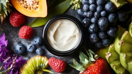 Sticker - Top view of a jar of cream surrounded by fresh fruits.