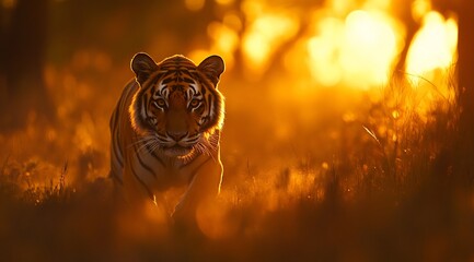 Poster - Majestic tiger walking towards camera at sunset, backlit by golden light.