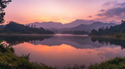 Poster - Serene sunrise over a calm lake reflecting mountains and a misty sky.