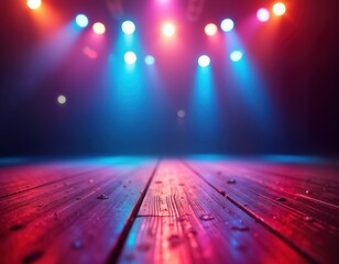 Poster - Empty stage glows under vibrant spotlights. Colorful stage lights create dynamic atmosphere. Bokeh effects add to festive feel. Nightclub vibes. Concert venue ready for live music performance.