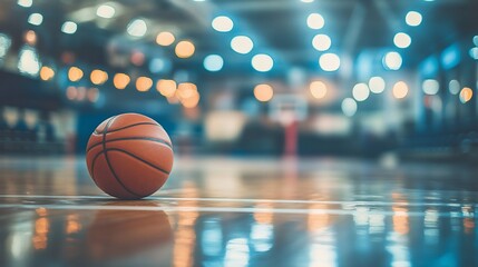 Poster - Close-up of a basketball on a court floor with blurred background lights.