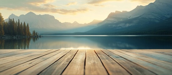 Poster - Serene sunset over a calm lake with mountains in the background, viewed from a wooden dock.