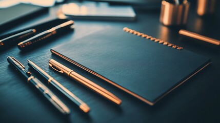 Poster - Blank spiral notebook with several pens on a dark desk.