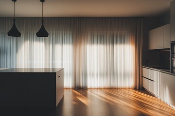 Leinwandbilder - Sunlit modern kitchen interior with island, sheer curtains, and hardwood floors.