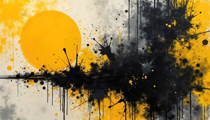Poster - Bold yellow, black urban street art poster design. Grunge, halftone texture create distressed look. Brush-drawn elements, ink drips add vintage style. Creative, abstract graphic design. Messy,