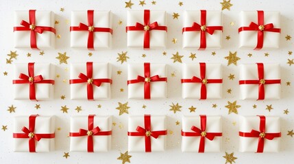 Poster - Flat lay of twelve white gift boxes with red ribbons and gold stars on white background.