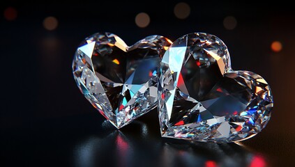 Aufkleber - Two sparkling heart-shaped diamonds on a dark reflective surface with bokeh lights.