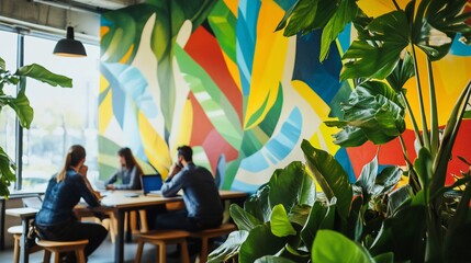 Poster - Team meeting in modern office with vibrant wall art and plants.