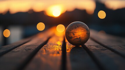 Poster - Sunset illuminates a small globe resting on a wooden bench.