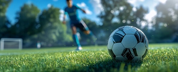 Aufkleber - Close-up of soccer ball on grass with blurred player kicking.