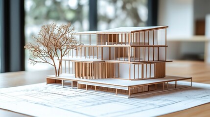 Aufkleber - Architectural model of a modern building on blueprints, showcasing design details and landscaping.