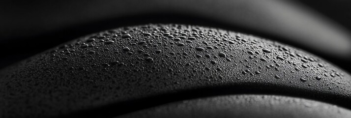 Poster - Close-up of water droplets on a dark, curved surface.
