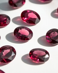 Aufkleber - Close-up of several oval-shaped, dark red gemstones arranged on a white surface, casting subtle shadows.