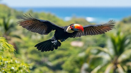 Poster - A vibrant toucan in flight over lush tropical foliage, ocean backdrop.