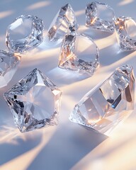 Aufkleber - Sparkling diamonds scattered on a light grey surface, illuminated by soft light.