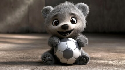 Poster - Adorable 3D rendered baby bear cub sitting, holding soccer ball.
