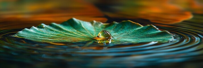 Poster - Water droplet on a leaf in a pond, creating concentric ripples.