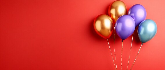Poster - Five colorful balloons on red background.