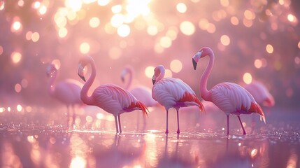 Poster - Pink flamingos in a tranquil, bokeh-filled sunrise setting.