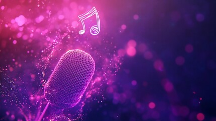 Poster - Abstract microphone with music notes in vibrant pink and purple bokeh background.