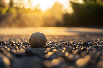 Aufkleber - Single speckled bird egg rests on gravel road at sunset.