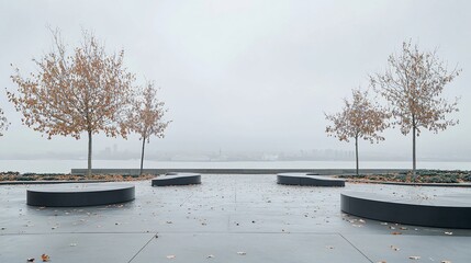 Poster - Foggy autumn day at waterfront park with minimalistic seating and leaf-strewn ground.