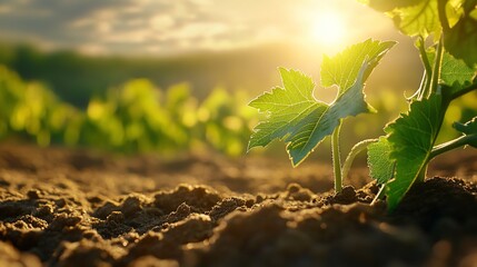Poster - Young plant seedling growing in fertile soil at sunset.
