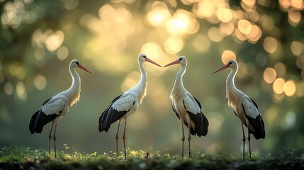 Poster - Four white storks standing in a row, facing each other, in a sunlit forest clearing.