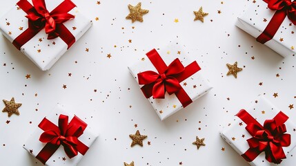 Poster - Festive white gift boxes with red ribbons and gold stars on white background.