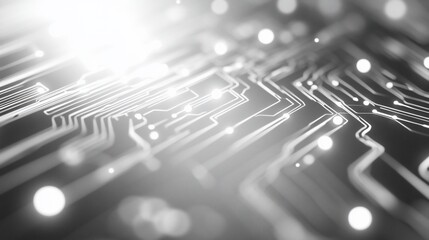 Aufkleber - Abstract grayscale image of a circuit board with glowing nodes, suggesting technology and connectivity.