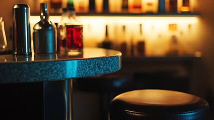 Poster - Dark bar interior with granite countertop, cocktail shaker, and bar stools.