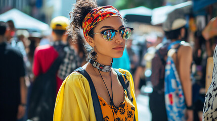 A street photographer capturing candid moments of fashion enthusiasts at a bustling outdoor market, highlighting unique styles and cultural influences in their outfits. 