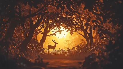 Aufkleber - Silhouette of a deer in an orange sunset forest.