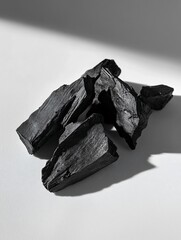 Aufkleber - Close-up of dark, rough-textured charcoal pieces on a white surface, lit by dramatic shadows.