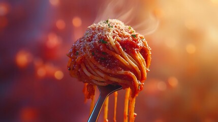 Poster - Steaming spaghetti with tomato sauce and parmesan cheese on a fork.
