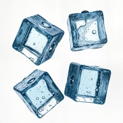 Poster - Four ice cubes float in the air. They are translucent and light blue. Air bubbles are visible inside the ice. They look fresh and cold. Studio shot against white background.