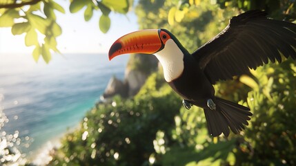 Poster - A vibrant toucan in flight over a tropical coastline, sunlight filtering through lush green foliage.