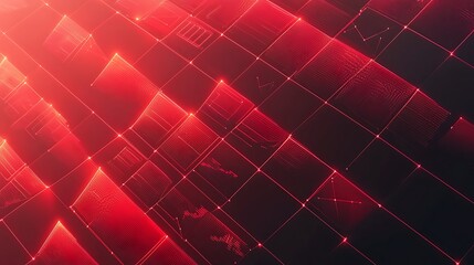 Canvas Print - Abstract red digital data grid, glowing cubes with charts and graphs.