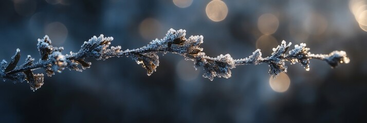 Aufkleber - Frost-covered branch with bokeh background.