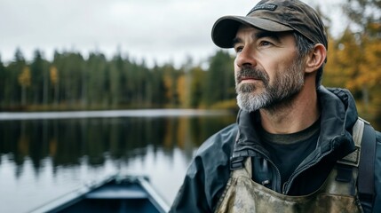 Poster - A contemplative middle-aged man with a beard, wearing a cap and fishing waders, stands by a calm lake in an autumnal forest.
