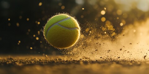 Aufkleber - Tennis ball bouncing on clay court at sunset, dust flying.