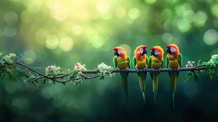 Poster - Four vibrant sun parakeets perched on a blossoming branch in a sun-dappled forest.