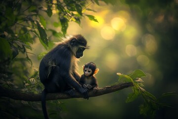 Poster - A mother monkey tenderly cradles her infant on a tree branch in a lush forest, bathed in soft sunlight.