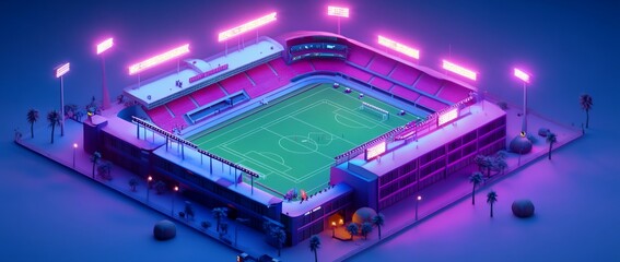 Aufkleber - Isometric view of a vibrant stadium at night, illuminated by pink lights.