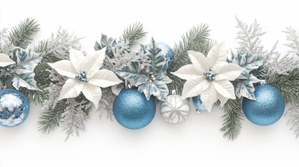 Poster - Festive Christmas garland with poinsettias, ornaments, and fir branches on white background.