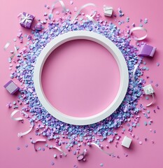 Poster - Festive pink background with a white circle frame, confetti, ribbons, and small gifts.