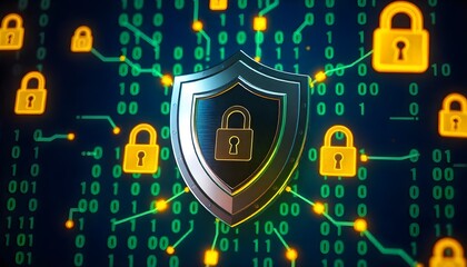 Futuristic Cybersecurity Shield with Binary Code and Lock Symbols