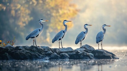 Aufkleber - four great blue herons stand in a row on rocks by a calm river at sunrise.