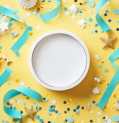 Poster - White circle frame surrounded by pastel blue and gold confetti, ribbons, and stars on yellow background.