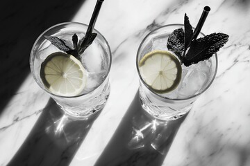 Poster - Two refreshing lemon drinks with mint garnish in crystal glasses on a marble surface, illuminated by sunlight.